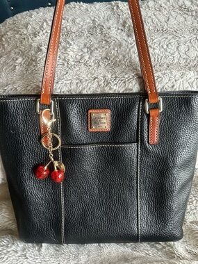 Dooney & Bourke Black Leather Tote with Brown Trim and Cherry Charm